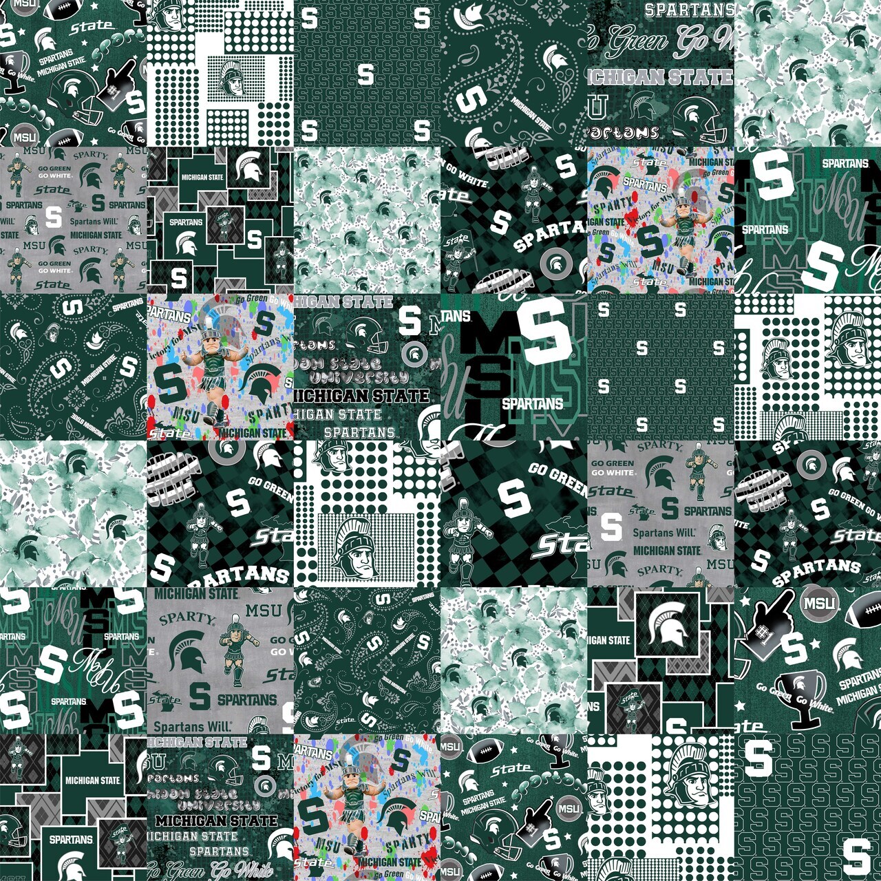 Sykel Enterprises-Michigan State University Cheater Quilt Printed Cotton Fabric-Michigan State Spartans Cotton Fabric with Patchwork Cheater Quilt Print-60” Width
